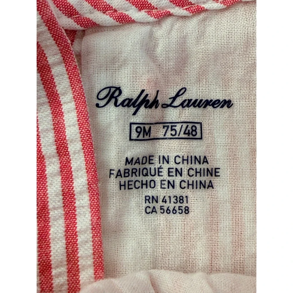 Ralph Lauren Baby Girl Pink White‎ Seersucker Stripe Ruffle Dress Set 9M